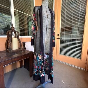 Unbranded Long Embroidered Colorful Flowers Robe See Through Sheer Black *s/m
